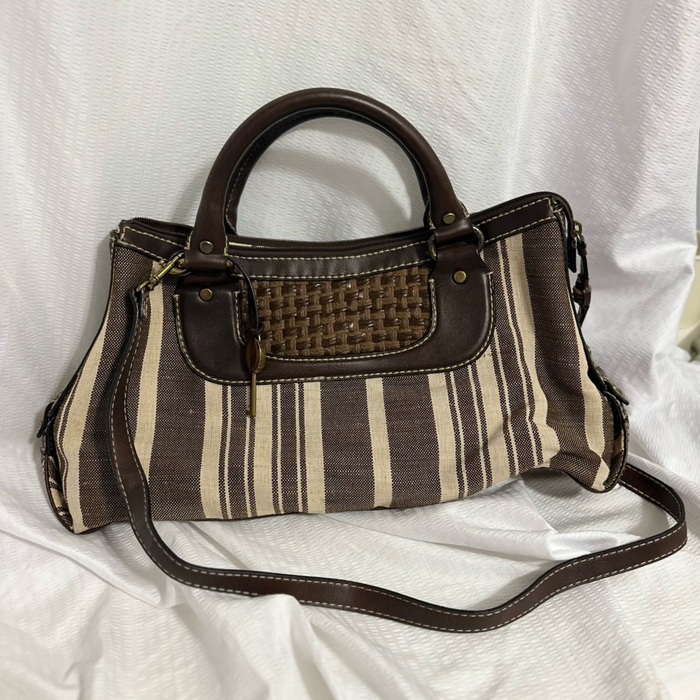 Fossil Brown and Cream Striped Satchel